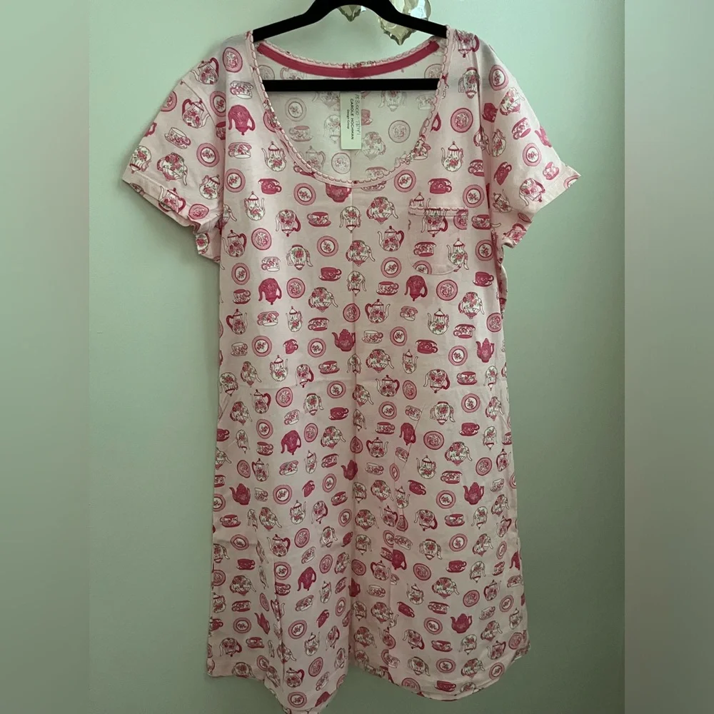 Midnight by Carole Hochman Pink and Green Tea Print Nightshirt 100 %Cotton - Picture 1 of 11
